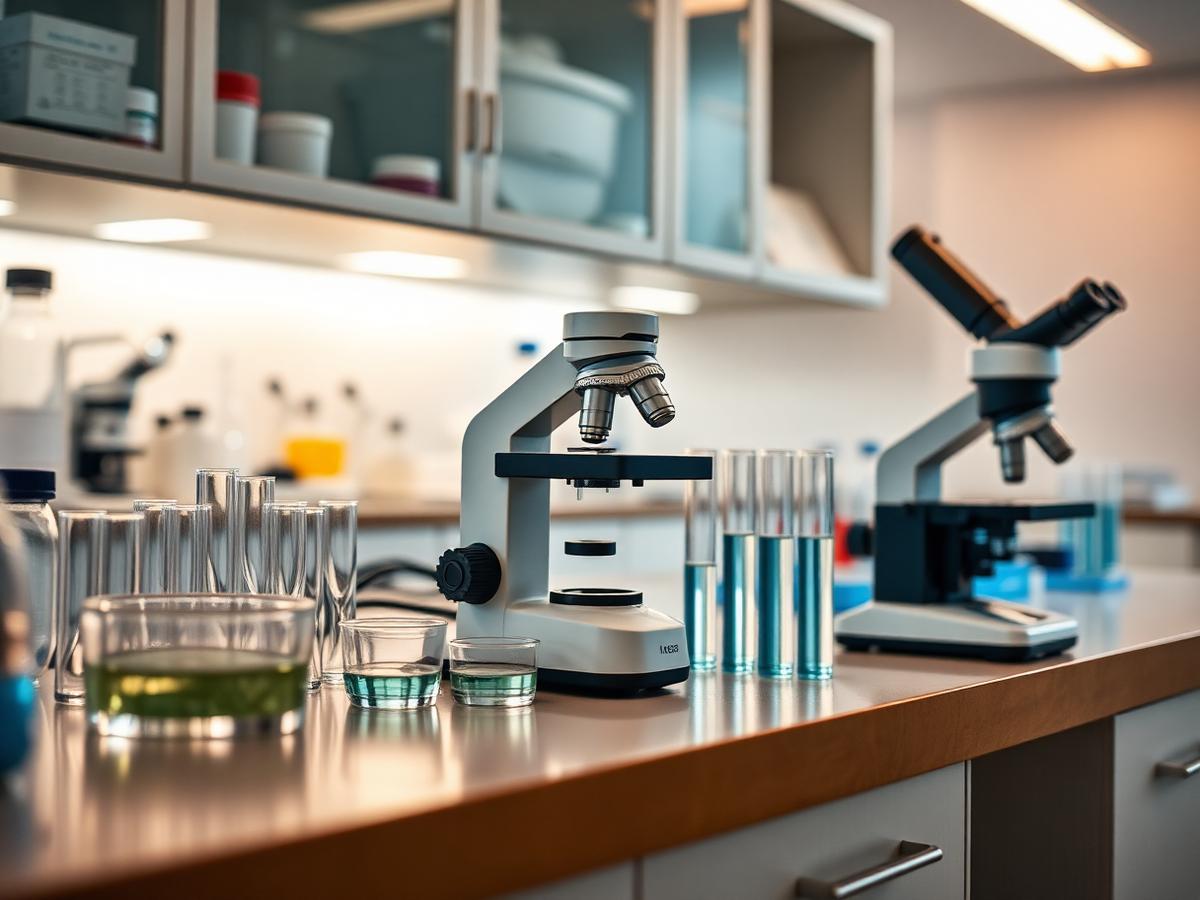 Laboratory bench with microscope and specimen glassware